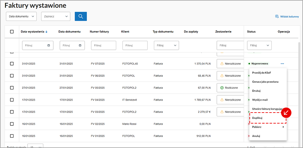 Ekran z tabelą wystawionych faktur